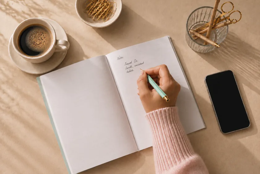 Coaching session notes and a cup of coffee on a linen surface