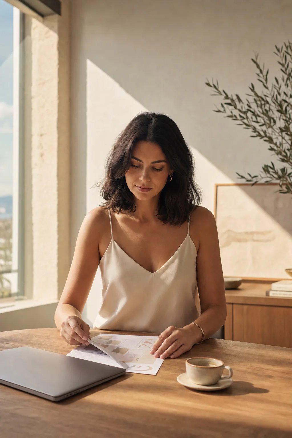 Portrait of Claire seated at a sunlit desk reviewing a content plan