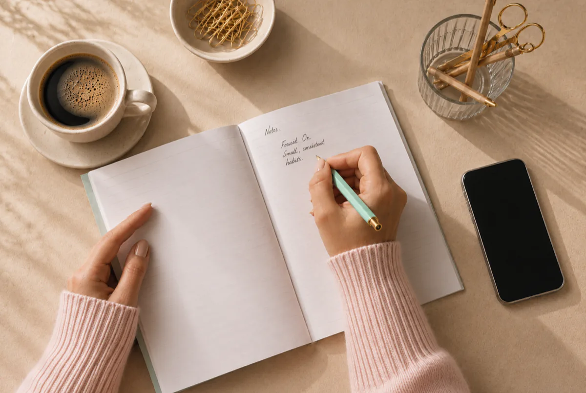 Hands writing strategic notes beside a coffee